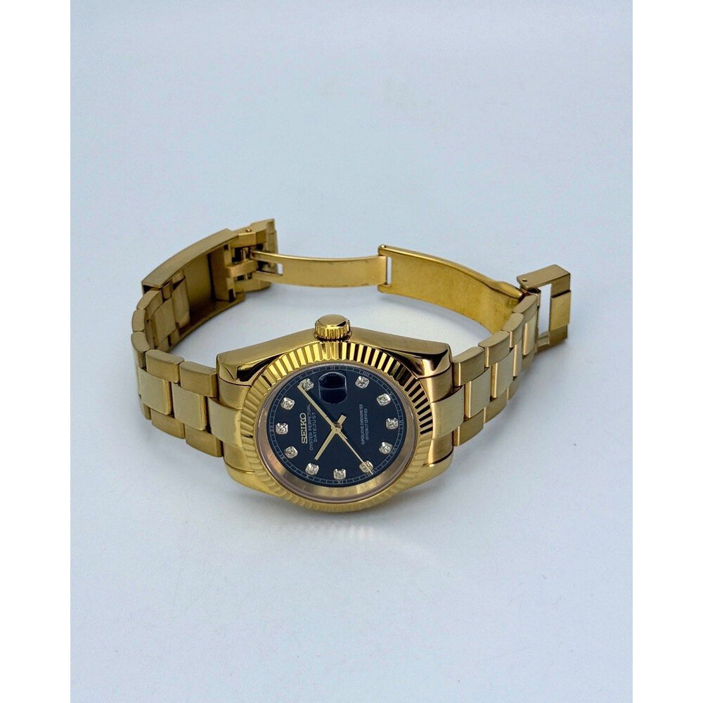 Custom Seiko Mod • Black Diamond Gold Datejust • 39mm - E&S Watches